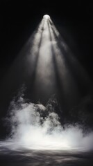 Canvas Print - Black background, spotlight shining down on white smoke rising from the floor, misty atmosphere, stage lighting effects