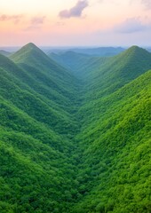 Poster - Valley view. Green mountains at dusk. Travel destination background. Hiking, exploration. Promotion use