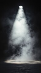 Canvas Print - Black background, spotlight shining down on white smoke rising from the floor, misty atmosphere, stage lighting effects