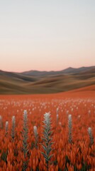 Wall Mural - Vivid orange field, wildflowers, rolling hills, soft pastel sunrise