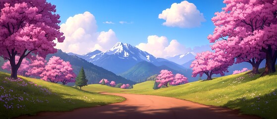 Wall Mural - Walking path through blooming cherry trees towards snowy mountains under a sunny blue sky for web, print