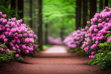 Poster - Walking Path Lined with Blossoms, Forest in Background - Outdoor Lifestyle, Nature Trails, Wellbeing