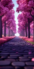 Poster - Walkway to dreamy cherry blossoms. Cobblestones on the path. Serene sky and trees in full bloom behind