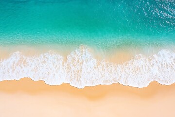 Canvas Print - Waves crashing on a sandy beach with turquoise sea backdrop. Summer vacation promotion use