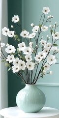 Wall Mural - White blooms in vase on table indoors, for home decor, against blue wall