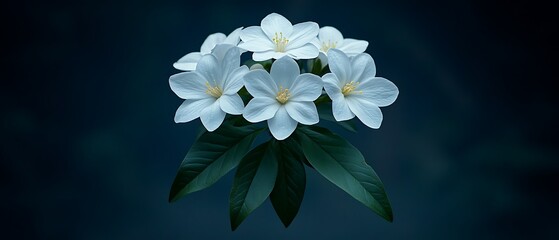 Wall Mural - White blooms, pristine leaves, soft focus, serene dark background, for floral design