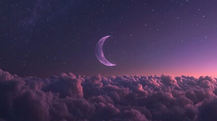 Wall Mural - A serene night sky with a crescent moon above fluffy clouds and twinkling stars.