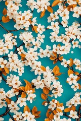 Wall Mural - White blossoms bloom against a cool blue background. Use spring promotions, background imagery