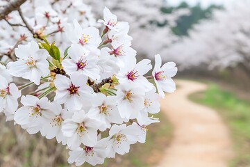 Wall Mural - White blossoms bloom along path. Spring scene with flowers and trees receding into distance