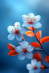 Wall Mural - White blossoms cluster with red leaves on twig, blurred blue sky, symbolic of new beginnings