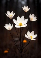 Wall Mural - White Flowers bloom in dark forest, illustrating hope, resilience or springtime nature themes