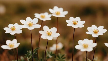 Wall Mural - White flowers blooming in a meadow on a blurred background for use in website or blog design