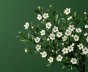 Wall Mural - White flowers bush with green leaves on dark backdrop for organic product ads or nature-themed background