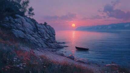 Wall Mural - A serene sunset over a calm sea, with a lone boat near a rocky shore.