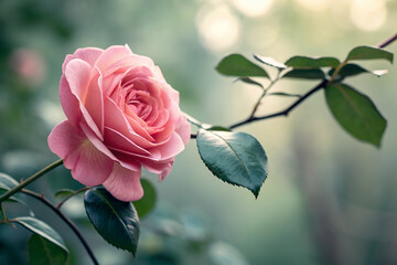 Sticker - Closeup View Of A Pink Flower Blossom With Green Leaves In Sunlight And Soft