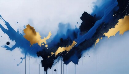 abstract fluid painting in blue, black, and gold, modern art for contemporary interiors, expressive and dynamic design