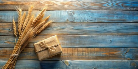 Poster - Rustic wooden background featuring a small wrapped gift and a bundle of golden wheat stalks