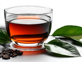 A glass of black tea with green leaves on a white table