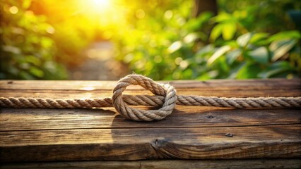 Aufkleber - Rustic Rope Knot on Wooden Surface with Sunlit Background