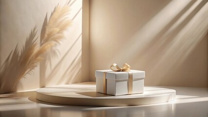Poster - Elegant Gift Box on Neutral Background with Pampas Grass