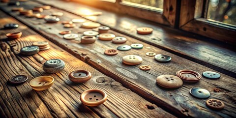 Aufkleber - Rustic Wooden Surface Displaying an Assortment of Various Buttons in Natural Light