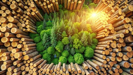 Poster - A vibrant forest contrasted with a large pile of stacked logs, symbolizing the delicate balance between nature and industry.