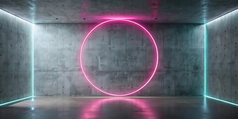 Poster - Abstract Concrete Room with Neon Pink Circle and Teal Accents