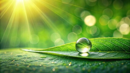 Poster - A pristine water droplet rests on a vibrant green leaf, bathed in the warm glow of sunlight.