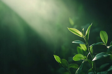 Poster - misty jungle with sunlight breaking through, highlighting vibrant green leaves