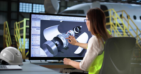 Fototapete - Young woman using 3D CAD software