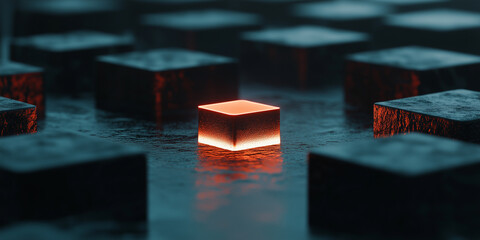 Wall Mural - glowing cube stands out among dark cubes on textured surface, creating striking contrast