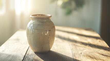 Fototapete - handmade ceramic vase sits on wooden table, bathed in warm sunlight