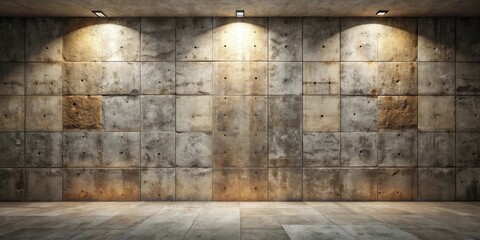 Poster - Illuminated Concrete Wall with Tiled Floor in an Empty Room