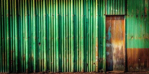 Poster - Rustic corrugated metal wall with weathered green and rusty brown panels and a single aged door