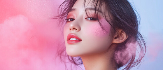 Aufkleber - woman with vibrant pink makeup and dynamic powder splash effect