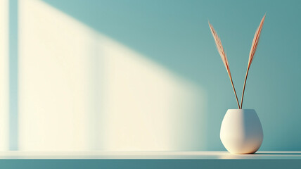 Poster - minimalist white vase with dried grass on sunlit surface, casting soft shadows