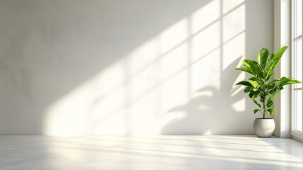 Poster - sunlit room with potted plant casting shadows on minimalist white wall