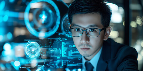 Aufkleber - focused engineer analyzes futuristic digital interfaces in high tech environment