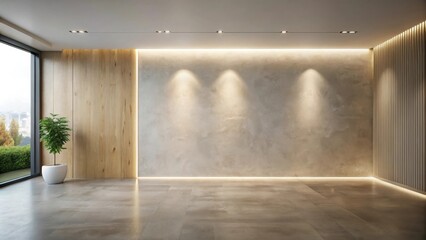 Poster - Modern minimalist interior design with wood and concrete elements and a large window showing an outdoor view.