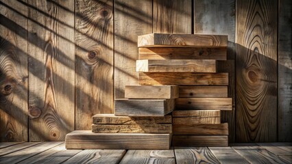 Aufkleber - Rustic Wooden Blocks Arranged as a Step-like Structure Against a Weathered Wooden Wall Background