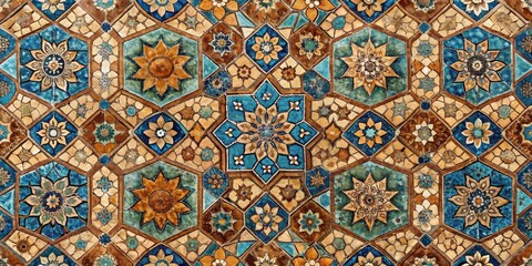 Aufkleber - Intricate Tilework A Tapestry of Floral and Geometric Designs in Hues of Blue and Brown