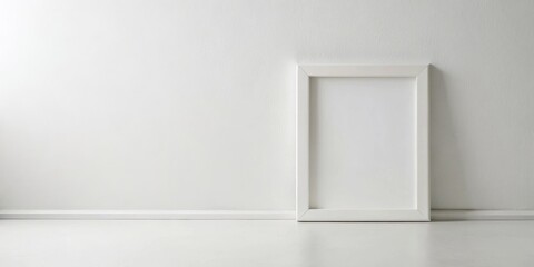 Aufkleber - A blank white picture frame rests on a white floor against a white wall, offering a minimalist design concept