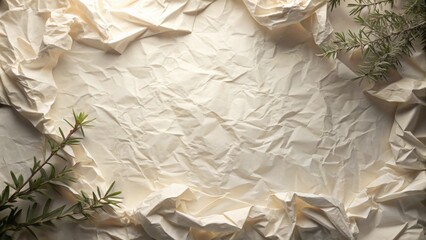 Aufkleber - Cream-colored crumpled paper background with sprigs of greenery arranged around the edges, creating a natural frame for text or design elements.