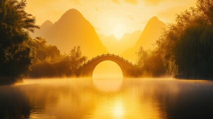 Wall Mural - Sunrise over arched bridge, misty river, karst mountains.  Peaceful travel poster