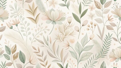 Poster - Elegant Botanical Pattern Featuring Delicate Floral and Leaf Motifs in Soft Neutral Hues