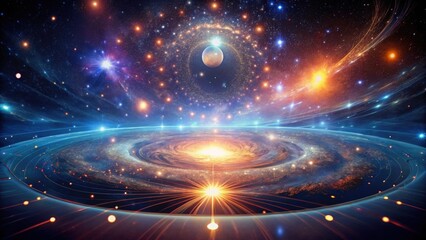 Poster - A Celestial Tapestry Radiant Nebulae, Glowing Stars, and a Central Galactic Core Illuminated by a Powerful Light Source