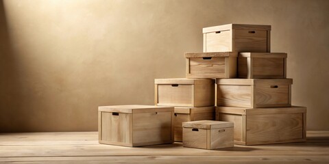 Aufkleber - A collection of neatly stacked rustic wooden storage boxes on a wooden surface against a neutral backdrop