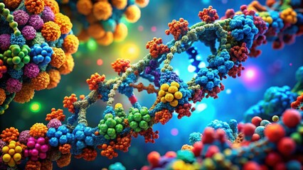 Poster - A vibrant close-up of a double helix structure, showcasing intricate details and a spectrum of colorful molecular components in a dynamic arrangement.