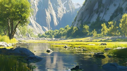 Wall Mural - Serene mountain valley river; summer sunlight; nature background; travel poster