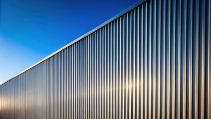 Poster - Modern Architectural Wall  Sunlit Metal Paneling Design Against a Vivid Blue Sky
